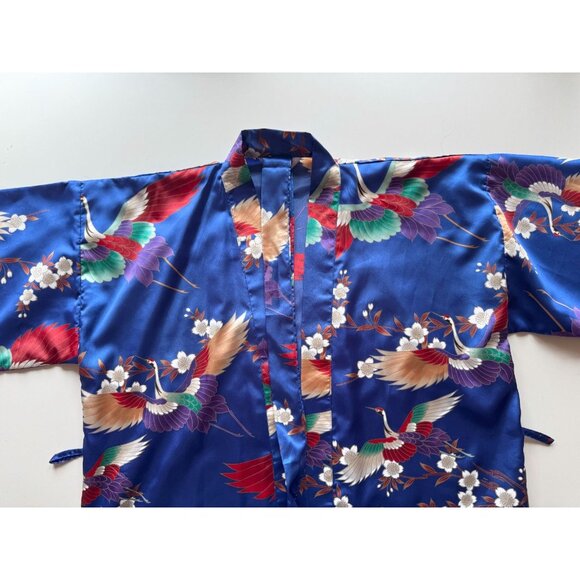 Vintage ICHIBAN Blue Oriental Floral Crane Print Satin Kimono Robe, One Size - Picture 7 of 13